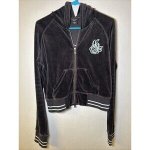 Guess Jeans Women’s Large Black & Blue Velour‎ Embroidered Hooded Track Jacket